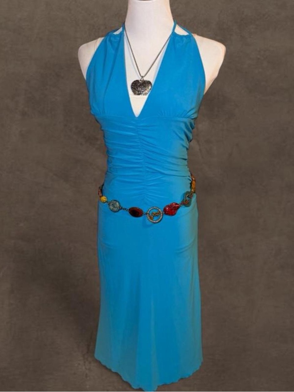 Lipstick Boutique Blue Backless Halter Ruched Midi Dress